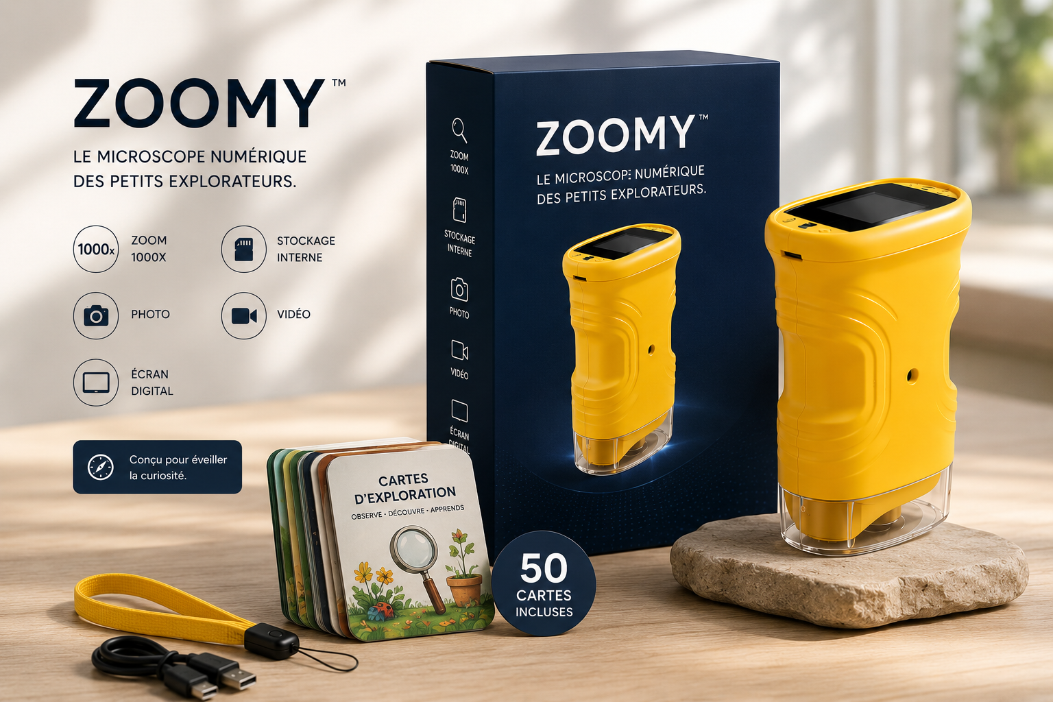 Coffret Zoomy™ : microscope enfant portable jaune, boîte et 50 cartes missions d’exploration incluses