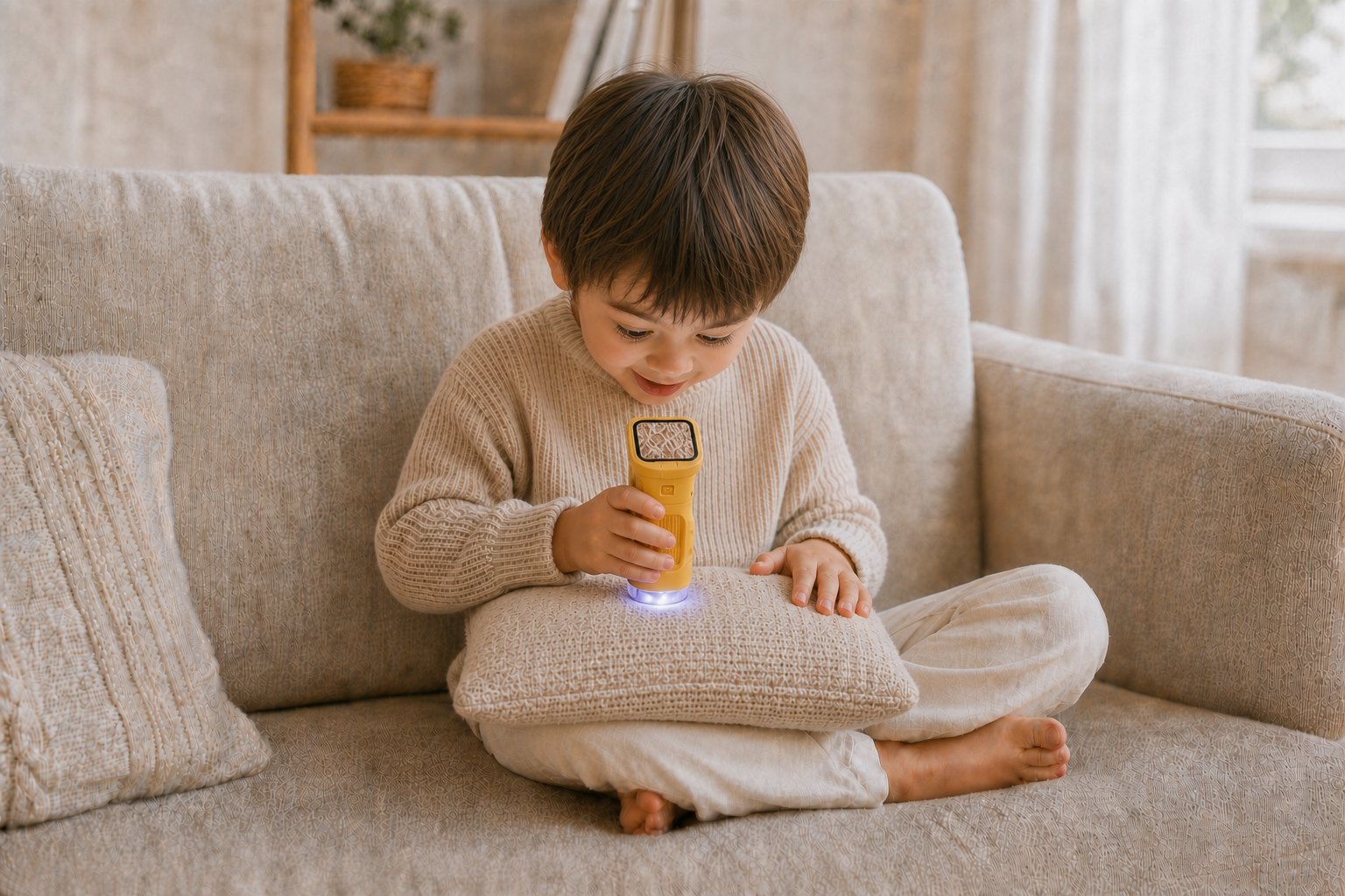 Enfant utilisant le microscope portable Zoomy™ à la maison