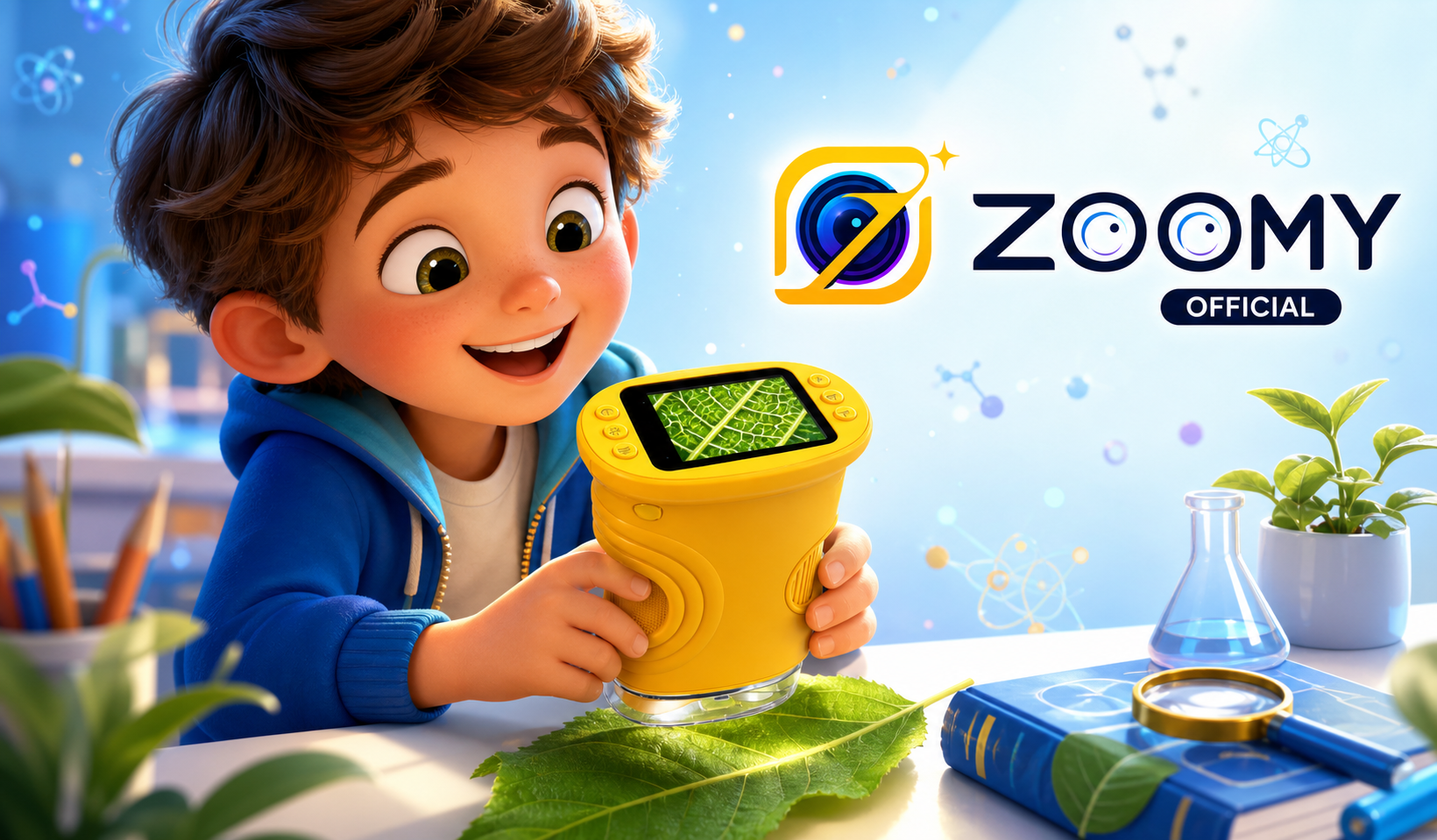 Illustration Zoomy™ : un enfant explore une feuille au microscope