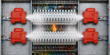 Charger l'image dans la galerie, Modules NOOFIRE diffusant l’agent extincteur vers une flamme située sur les câbles
