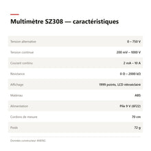 Charger l'image dans la galerie, Tableau des caractéristiques du multimètre numérique ANENG SZ308
